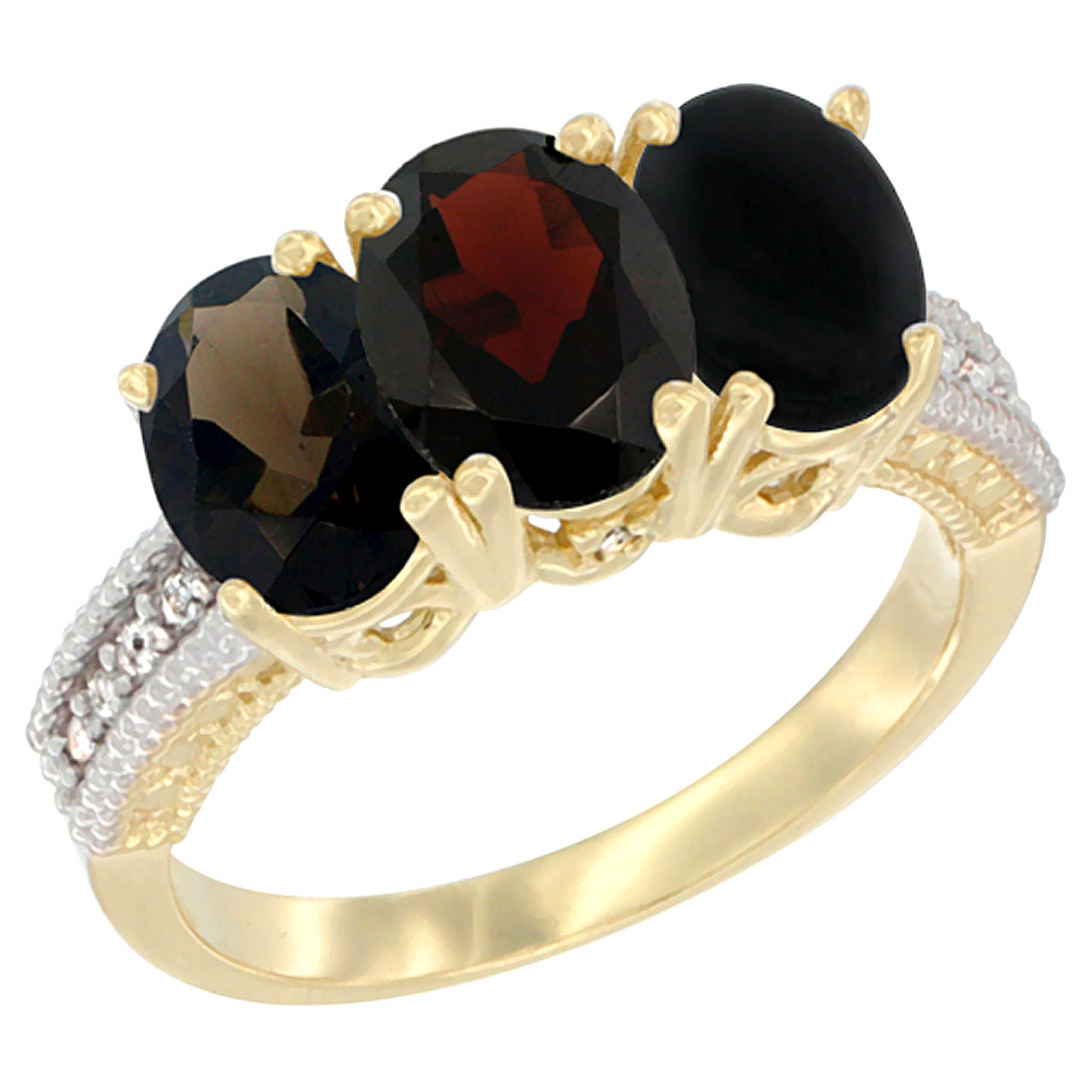 14K Yellow Gold Natural Smoky Topaz, Garnet & Black Onyx Ring 3-Stone 7x5 mm Oval Diamond Accent, sizes 5 - 10