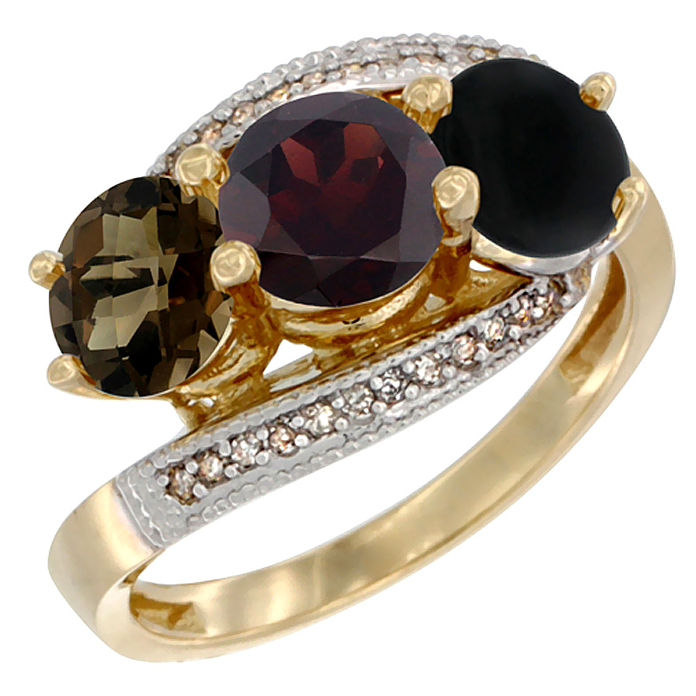 14K Yellow Gold Natural Smoky Topaz, Garnet & Black Onyx 3 stone Ring Round 6mm Diamond Accent, sizes 5 - 10