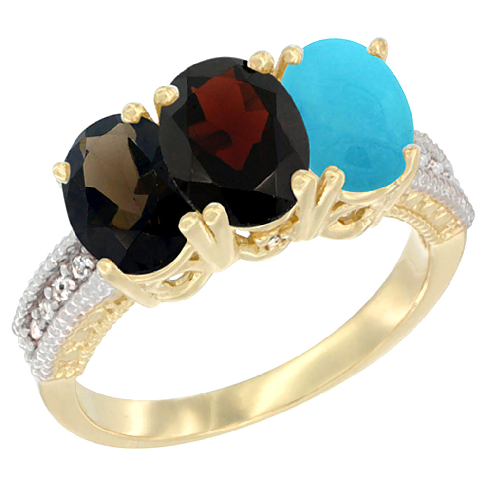 14K Yellow Gold Natural Smoky Topaz, Garnet & Turquoise Ring 3-Stone 7x5 mm Oval Diamond Accent, sizes 5 - 10
