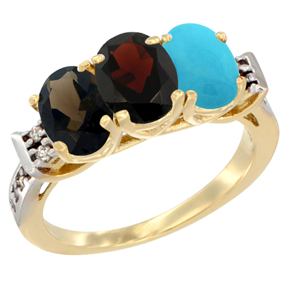 14K Yellow Gold Natural Smoky Topaz, Garnet & Turquoise Ring 3-Stone Oval 7x5 mm Diamond Accent, sizes 5 - 10
