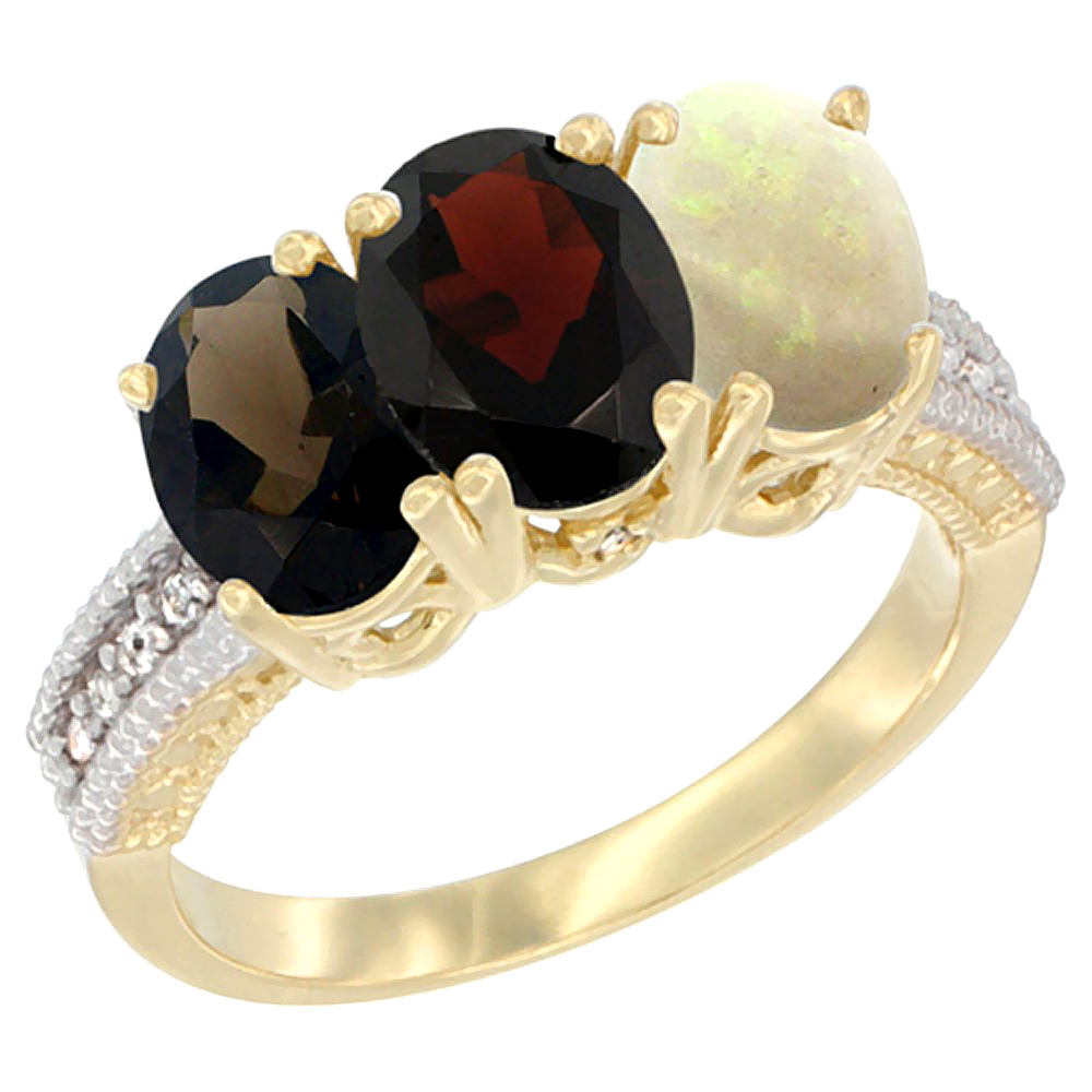 14K Yellow Gold Natural Smoky Topaz, Garnet &amp; Opal Ring 3-Stone 7x5 mm Oval Diamond Accent, sizes 5 - 10