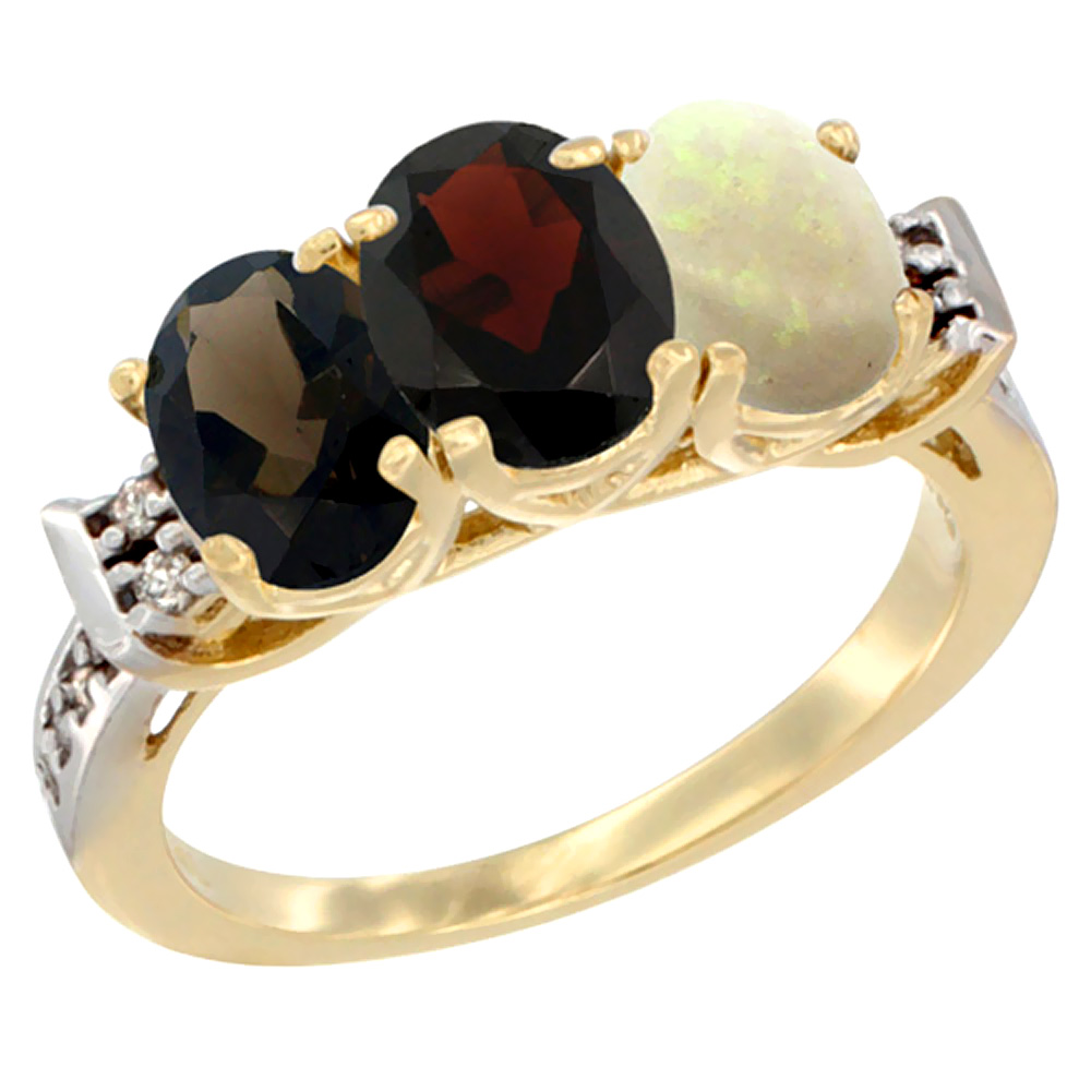 10K Yellow Gold Natural Smoky Topaz, Garnet &amp; Opal Ring 3-Stone Oval 7x5 mm Diamond Accent, sizes 5 - 10