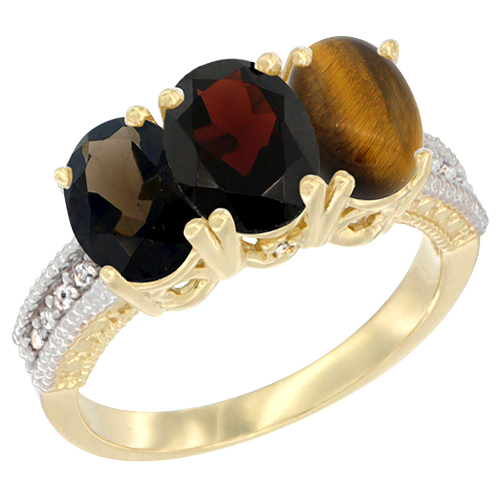 10K Yellow Gold Diamond Natural Smoky Topaz, Garnet & Tiger Eye Ring 3-Stone 7x5 mm Oval, sizes 5 - 10
