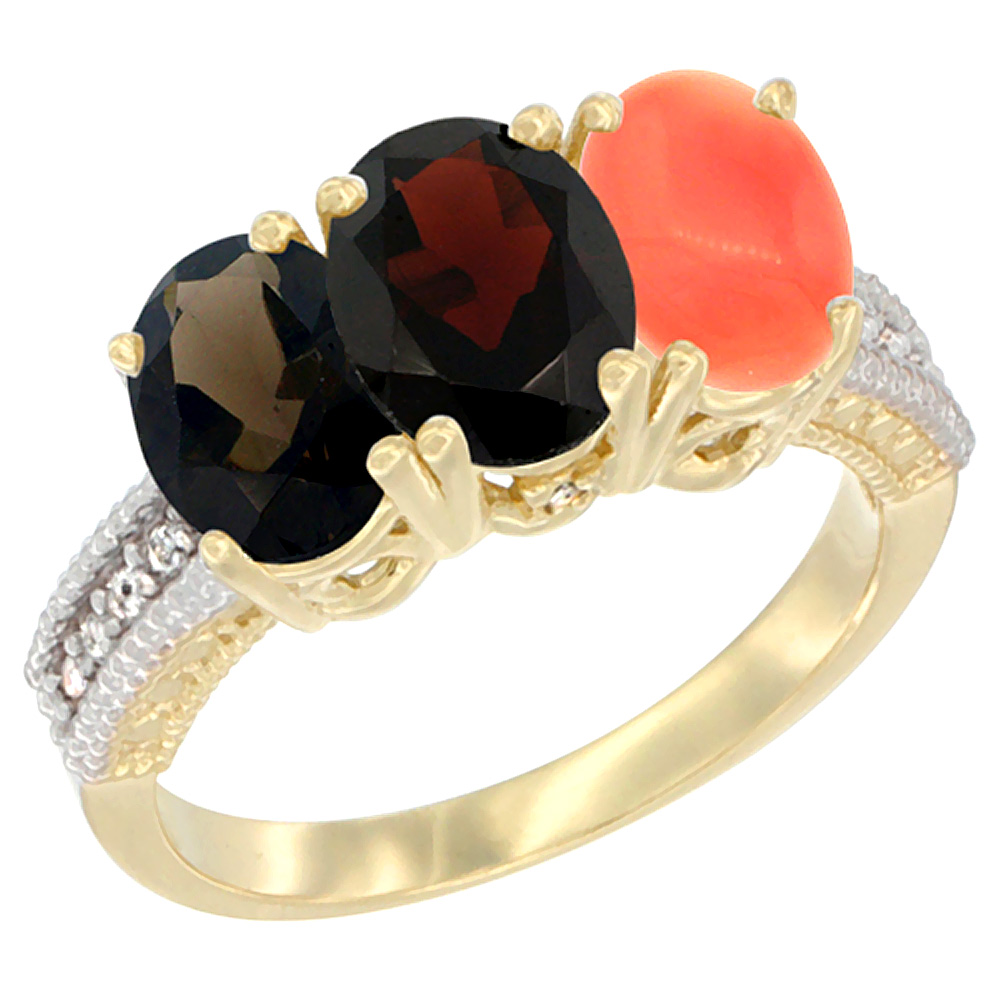14K Yellow Gold Natural Smoky Topaz, Garnet & Coral Ring 3-Stone 7x5 mm Oval Diamond Accent, sizes 5 - 10