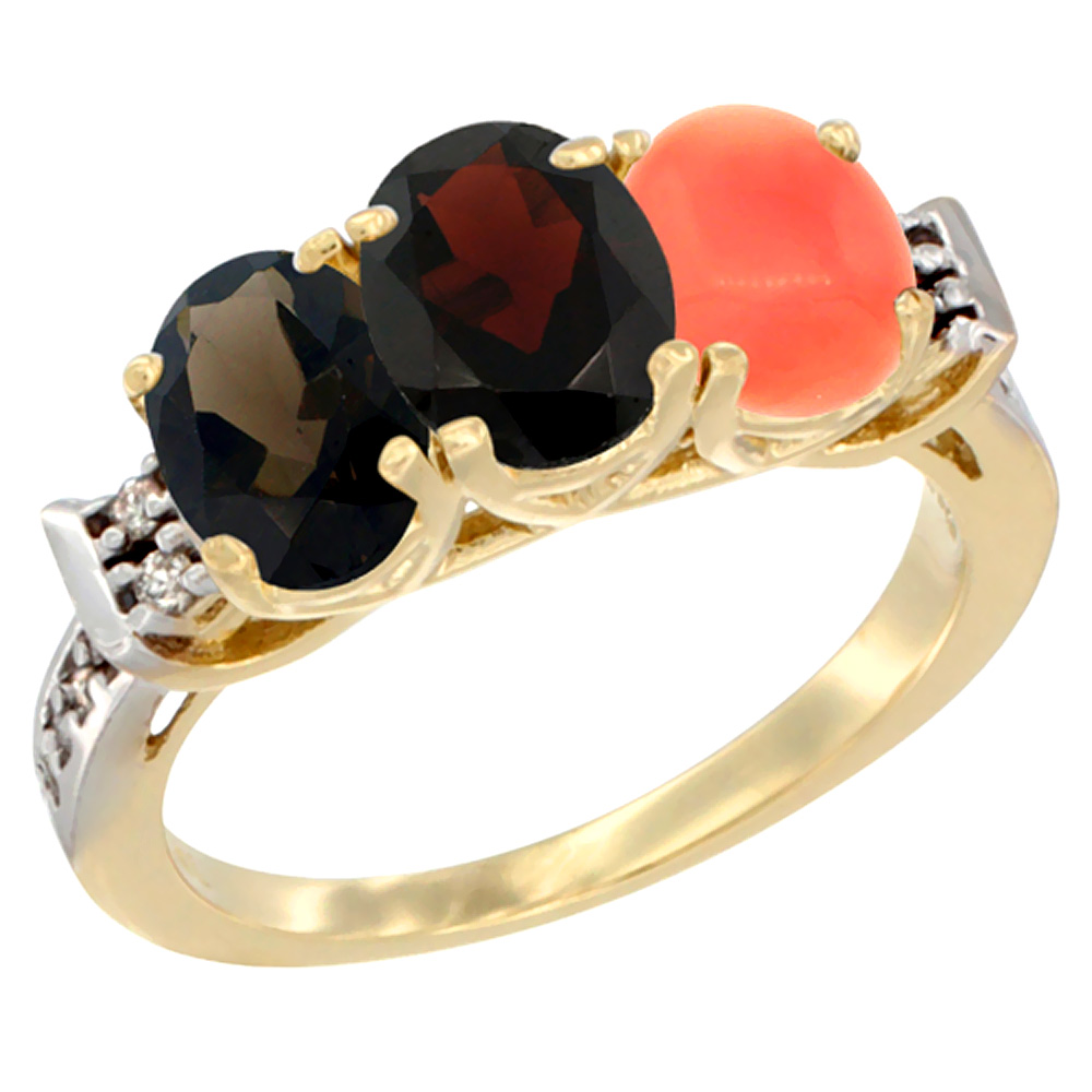 10K Yellow Gold Natural Smoky Topaz, Garnet & Coral Ring 3-Stone Oval 7x5 mm Diamond Accent, sizes 5 - 10