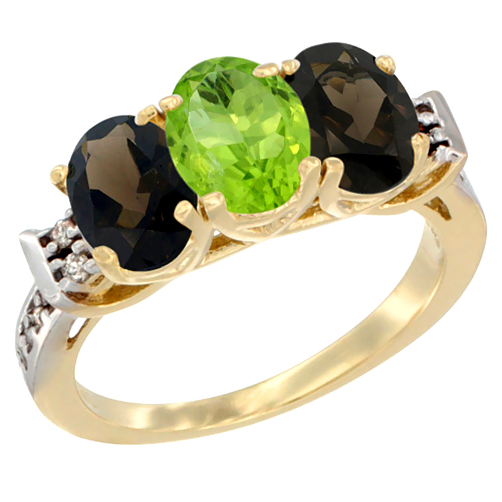 10K Yellow Gold Natural Peridot &amp; Smoky Topaz Sides Ring 3-Stone Oval 7x5 mm Diamond Accent, sizes 5 - 10