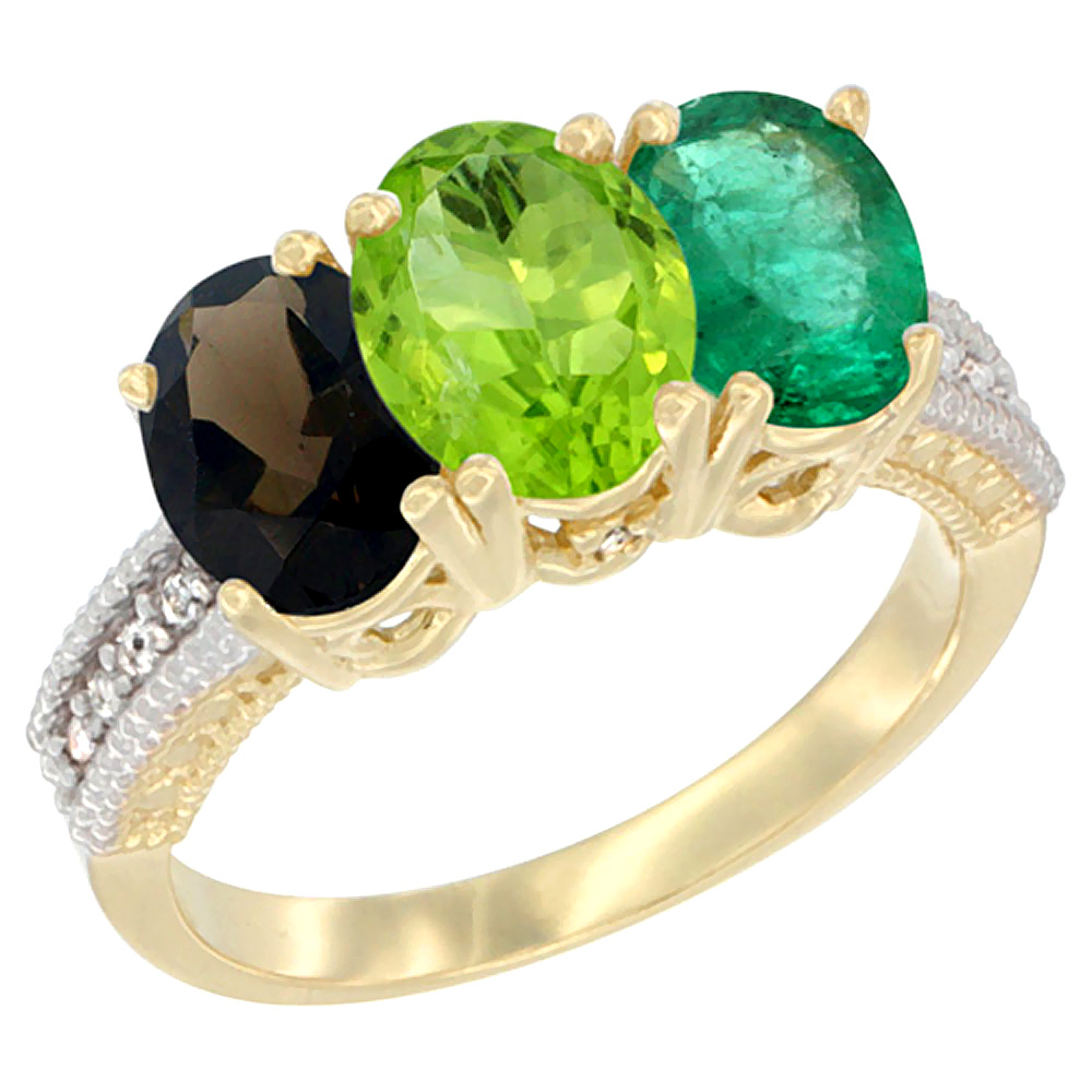 10K Yellow Gold Diamond Natural Smoky Topaz, Peridot &amp; Emerald Ring 3-Stone 7x5 mm Oval, sizes 5 - 10