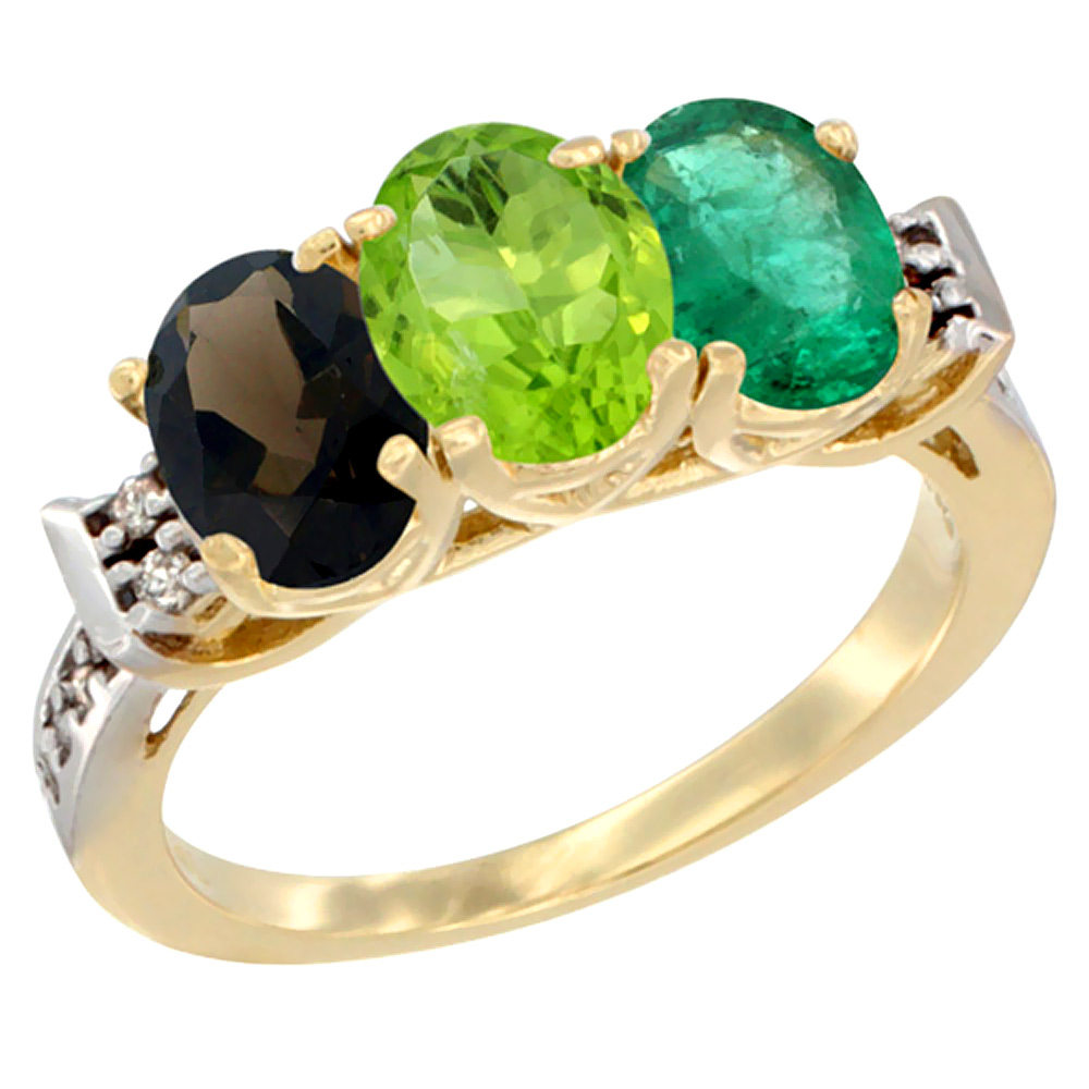 10K Yellow Gold Natural Smoky Topaz, Peridot &amp; Emerald Ring 3-Stone Oval 7x5 mm Diamond Accent, sizes 5 - 10