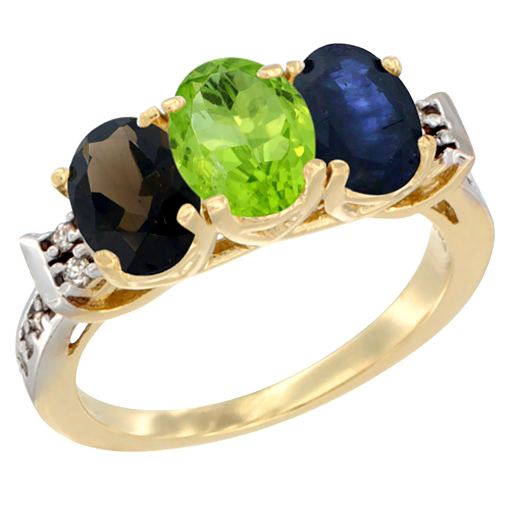 10K Yellow Gold Natural Smoky Topaz, Peridot & Blue Sapphire Ring 3-Stone Oval 7x5 mm Diamond Accent, sizes 5 - 10