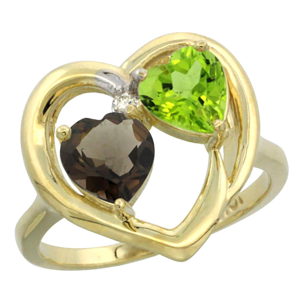 14K Yellow Gold Diamond Two-stone Heart Ring 6mm Natural Smoky Topaz & Peridot, sizes 5-10