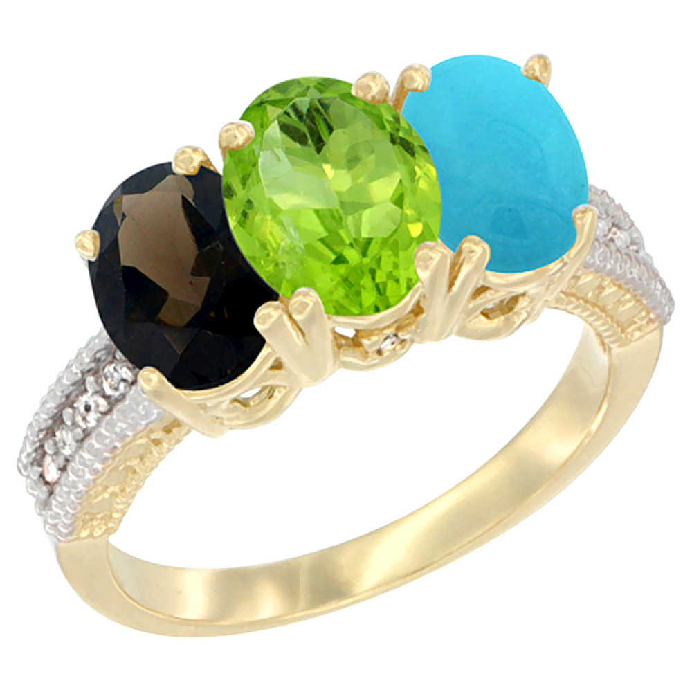 14K Yellow Gold Natural Smoky Topaz, Peridot &amp; Turquoise Ring 3-Stone 7x5 mm Oval Diamond Accent, sizes 5 - 10