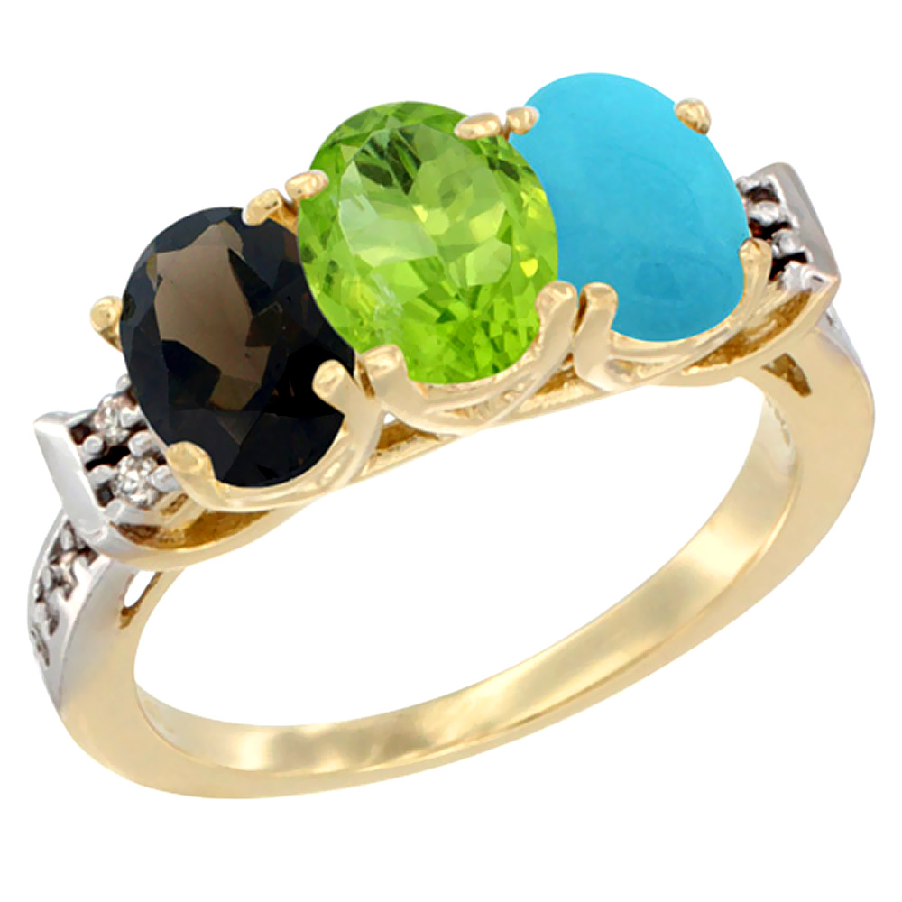 10K Yellow Gold Natural Smoky Topaz, Peridot & Turquoise Ring 3-Stone Oval 7x5 mm Diamond Accent, sizes 5 - 10