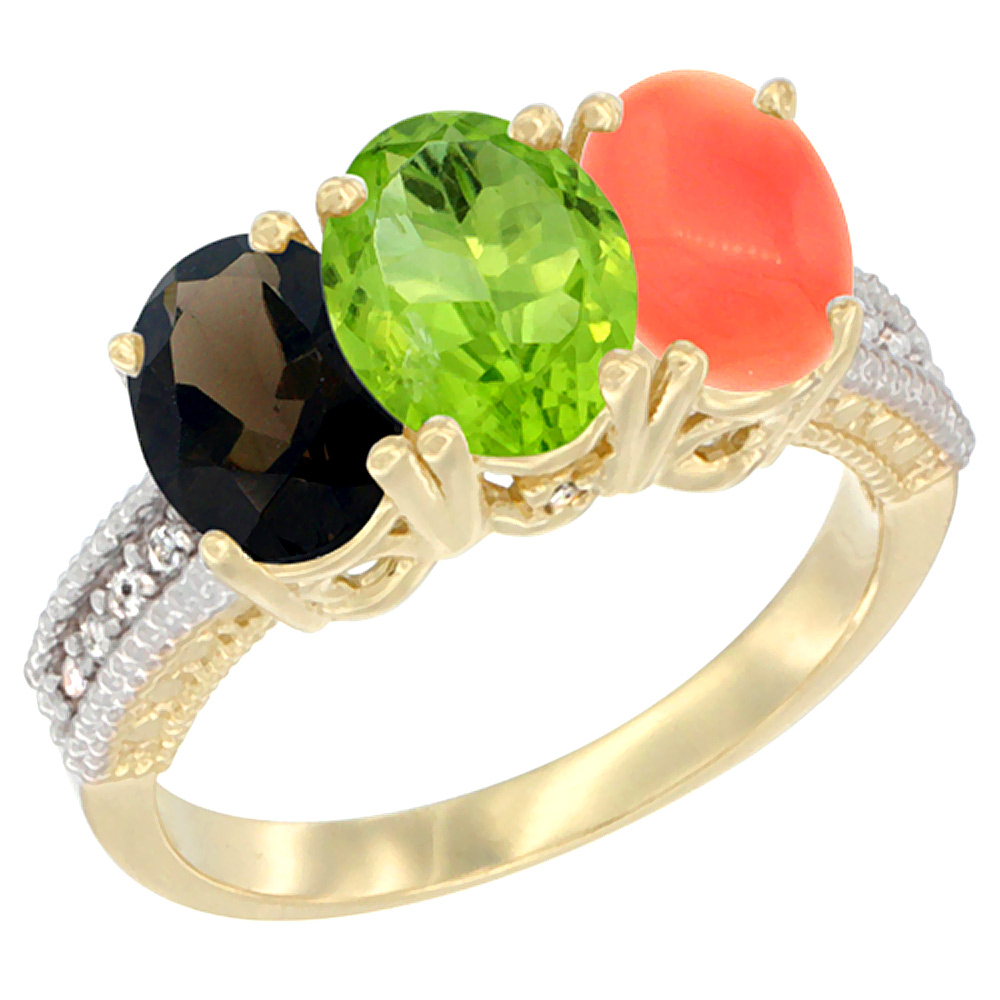 14K Yellow Gold Natural Smoky Topaz, Peridot &amp; Coral Ring 3-Stone 7x5 mm Oval Diamond Accent, sizes 5 - 10