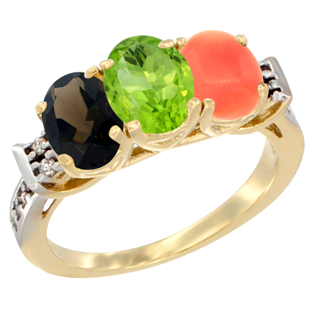 10K Yellow Gold Natural Smoky Topaz, Peridot & Coral Ring 3-Stone Oval 7x5 mm Diamond Accent, sizes 5 - 10