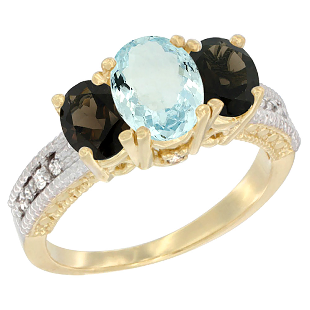 10K Yellow Gold Diamond Natural Aquamarine Ring Oval 3-stone with Smoky Topaz, sizes 5 - 10
