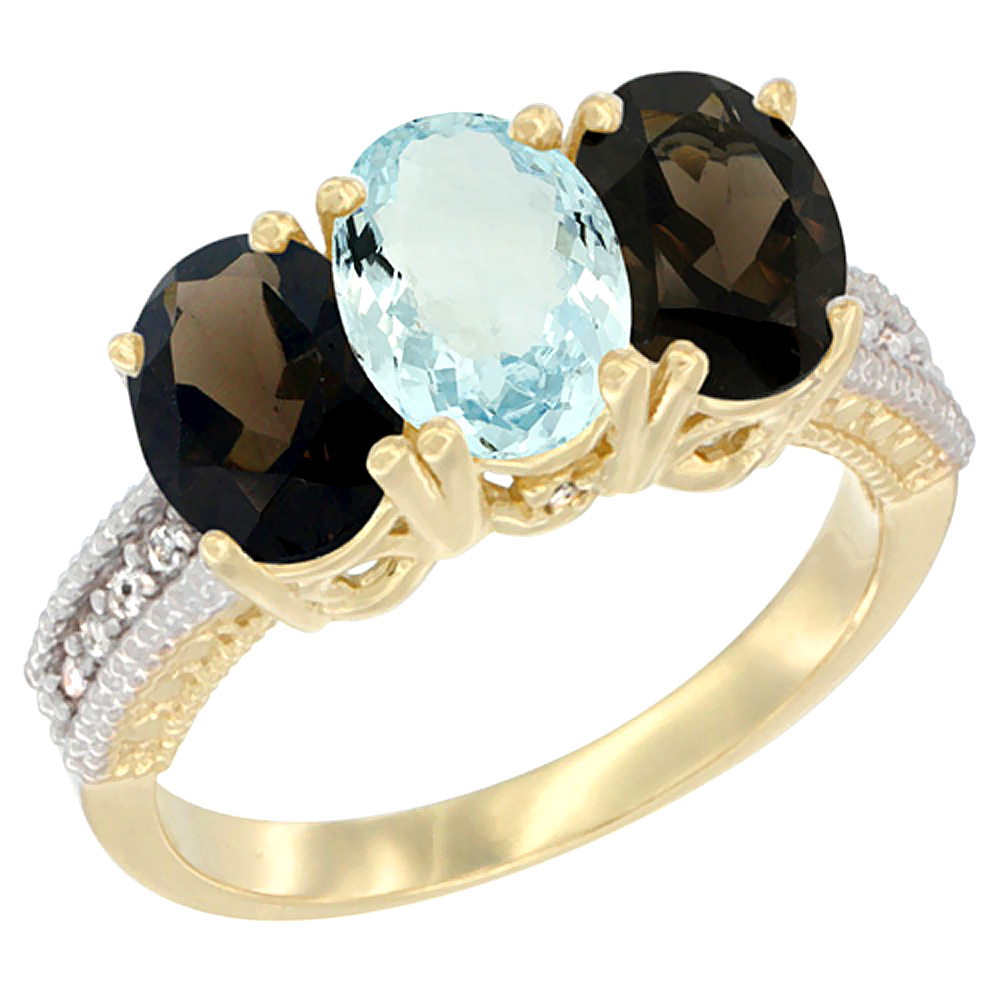 10K Yellow Gold Diamond Natural Aquamarine & Smoky Topaz Ring 3-Stone 7x5 mm Oval, sizes 5 - 10