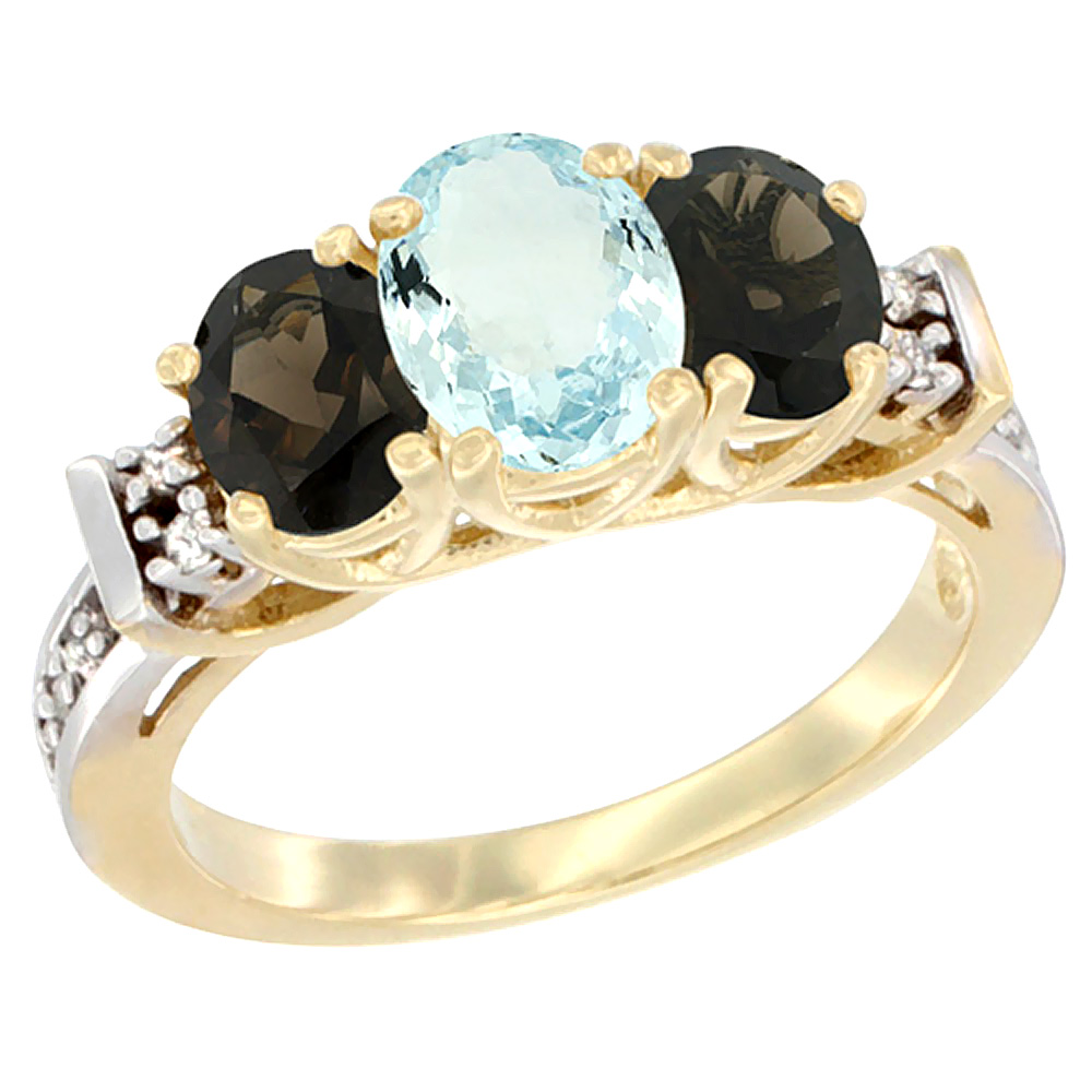 10K Yellow Gold Natural Aquamarine & Smoky Topaz Ring 3-Stone Oval Diamond Accent