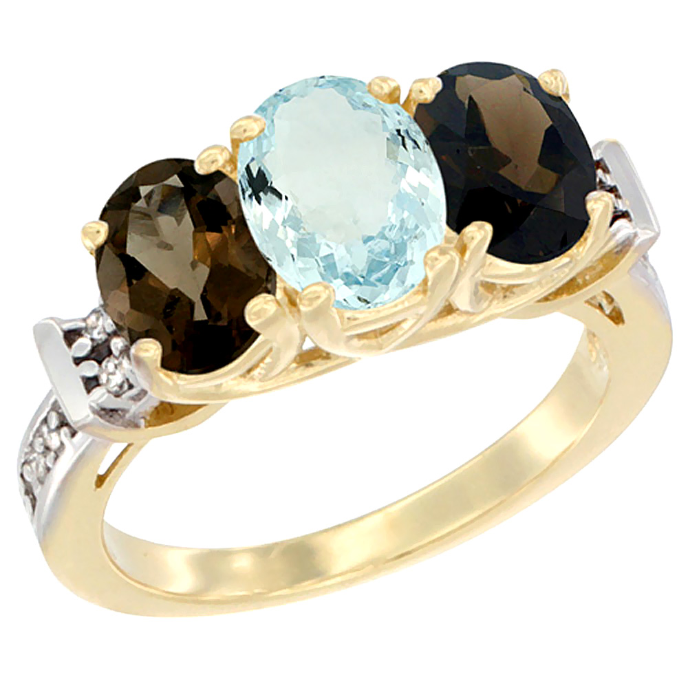 10K Yellow Gold Natural Aquamarine & Smoky Topaz Sides Ring 3-Stone Oval Diamond Accent, sizes 5 - 10