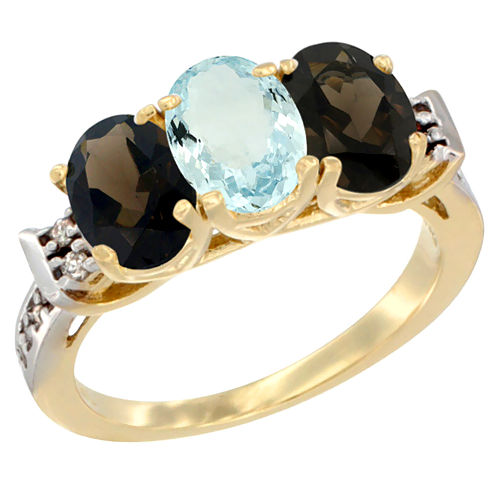 10K Yellow Gold Natural Aquamarine & Smoky Topaz Sides Ring 3-Stone Oval 7x5 mm Diamond Accent, sizes 5 - 10