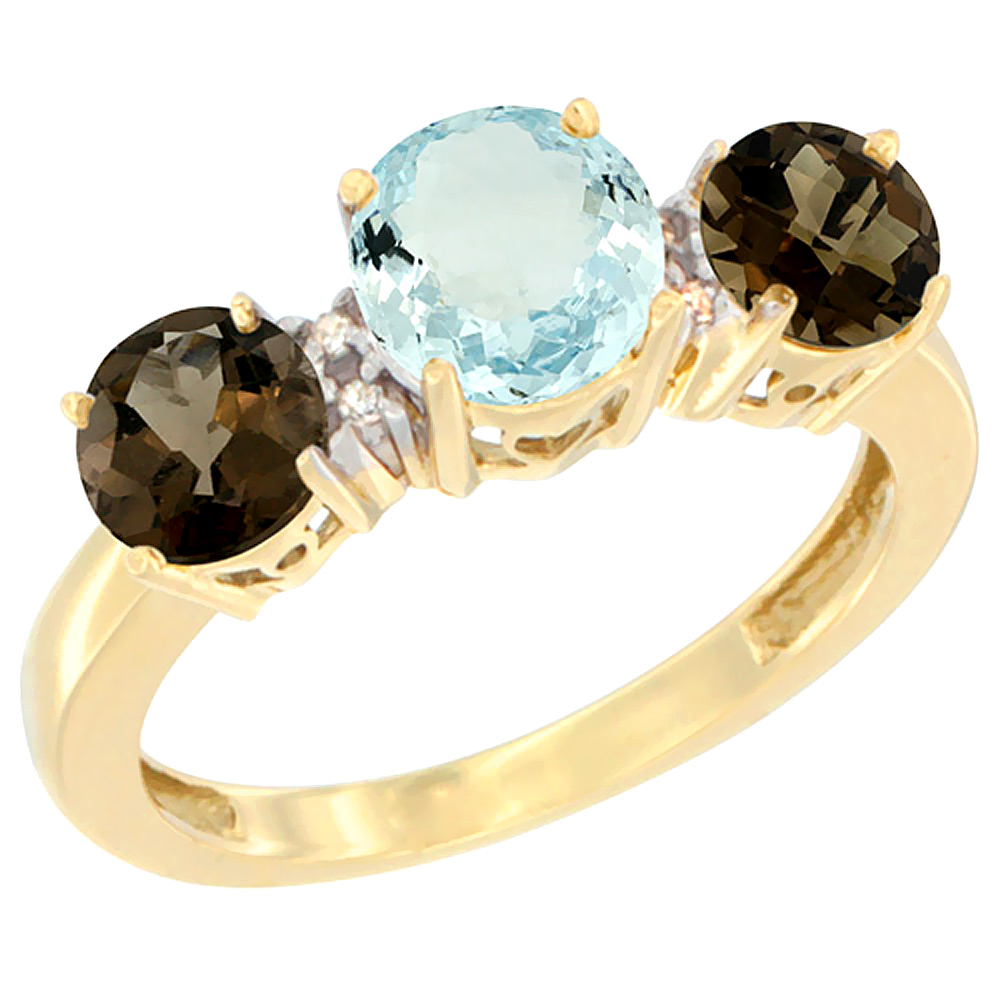 14K Yellow Gold Round 3-Stone Natural Aquamarine Ring &amp; Smoky Topaz Sides Diamond Accent, sizes 5 - 10