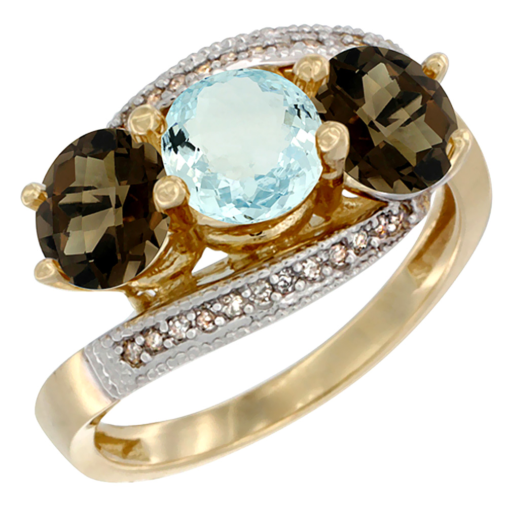 10K Yellow Gold Natural Aquamarine &amp; Smoky Topaz Sides 3 stone Ring Round 6mm Diamond Accent, sizes 5 - 10
