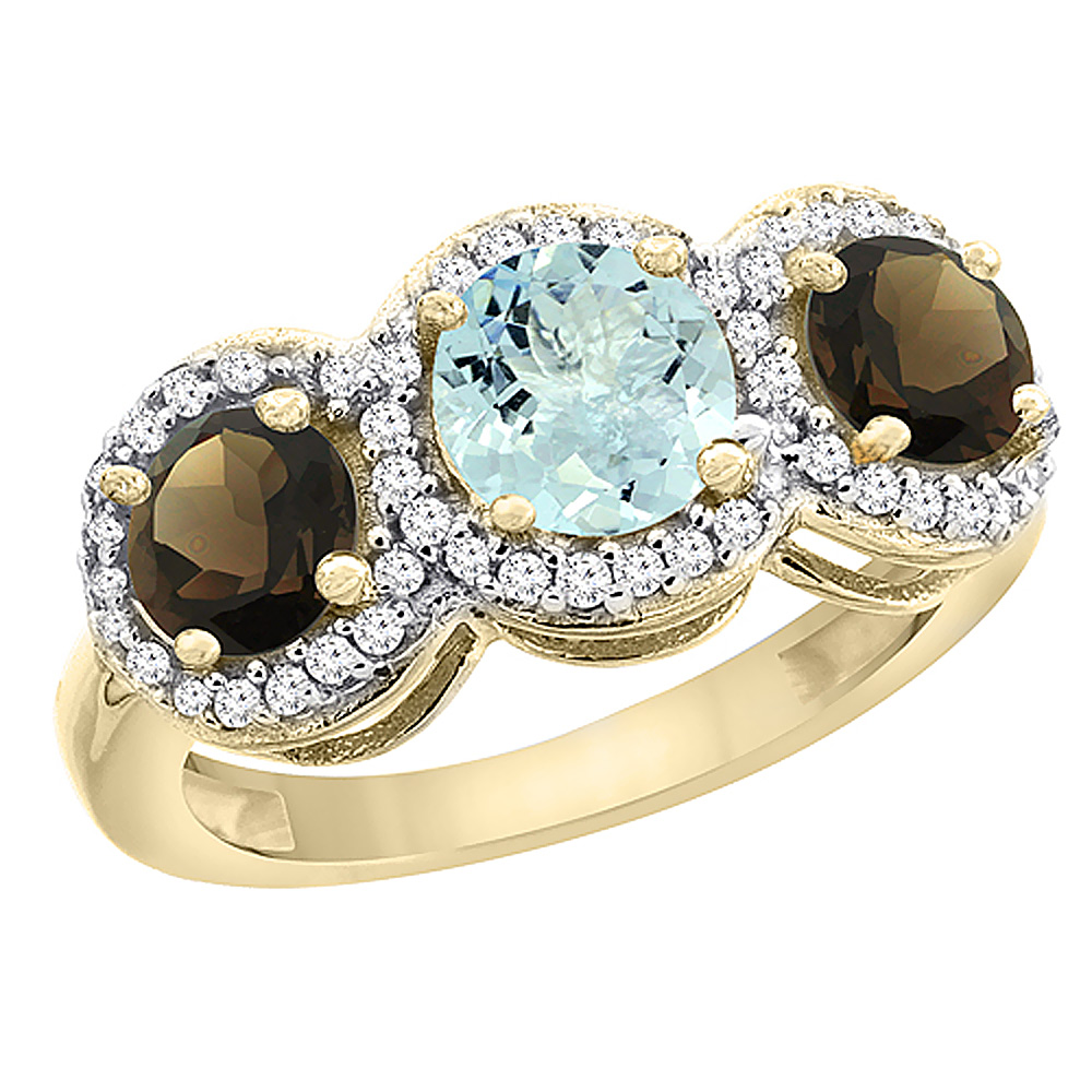 10K Yellow Gold Natural Aquamarine &amp; Smoky Topaz Sides Round 3-stone Ring Diamond Accents, sizes 5 - 10
