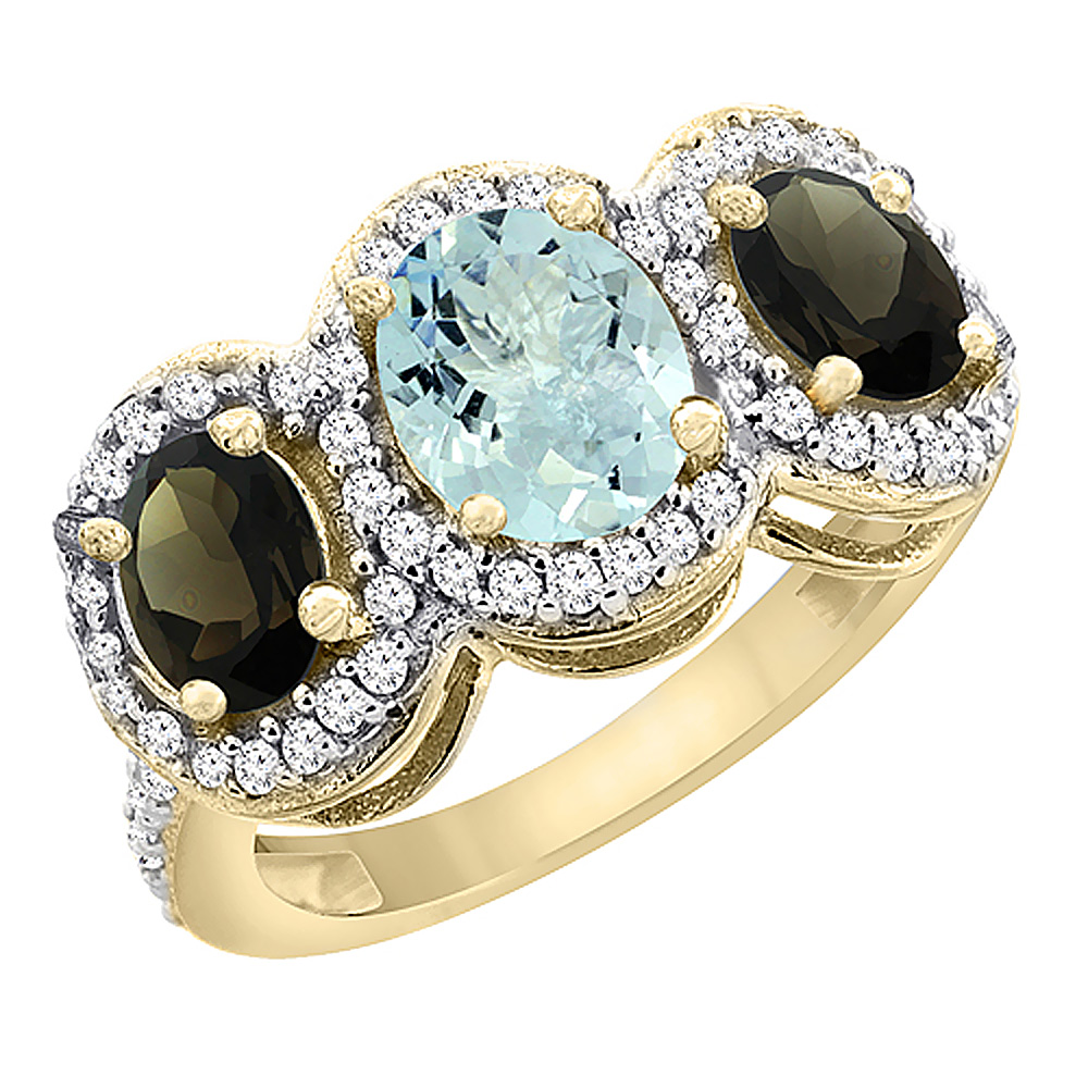 14K Yellow Gold Natural Aquamarine & Smoky Topaz 3-Stone Ring Oval Diamond Accent, sizes 5 - 10
