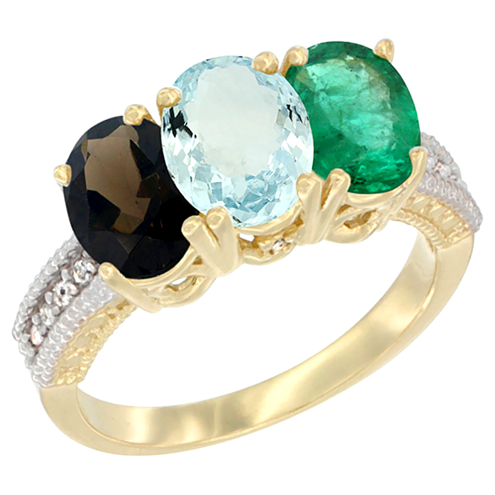 14K Yellow Gold Natural Smoky Topaz, Aquamarine &amp; Emerald Ring 3-Stone 7x5 mm Oval Diamond Accent, sizes 5 - 10