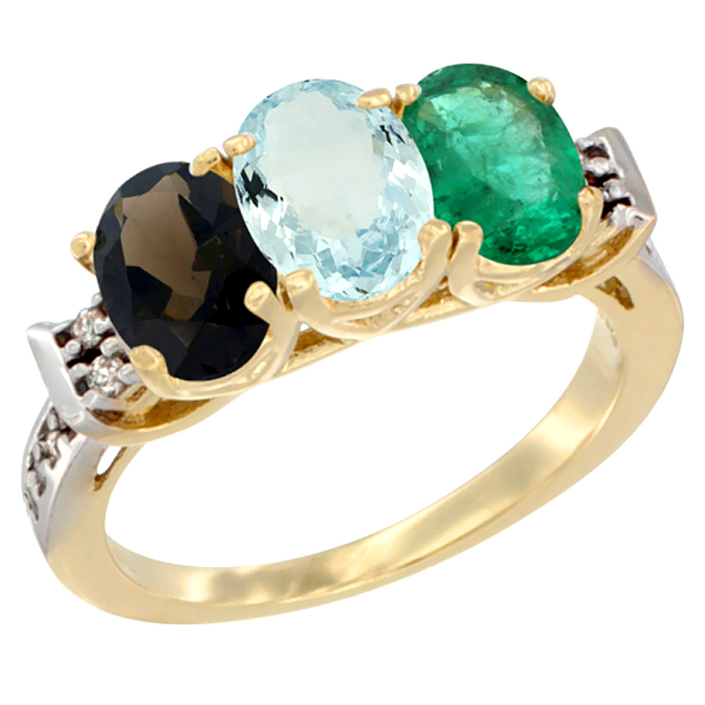 14K Yellow Gold Natural Smoky Topaz, Aquamarine &amp; Emerald Ring 3-Stone Oval 7x5 mm Diamond Accent, sizes 5 - 10