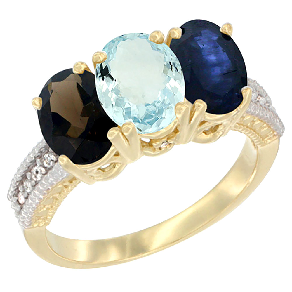 14K Yellow Gold Natural Smoky Topaz, Aquamarine &amp; Blue Sapphire Ring 3-Stone 7x5 mm Oval Diamond Accent, sizes 5 - 10