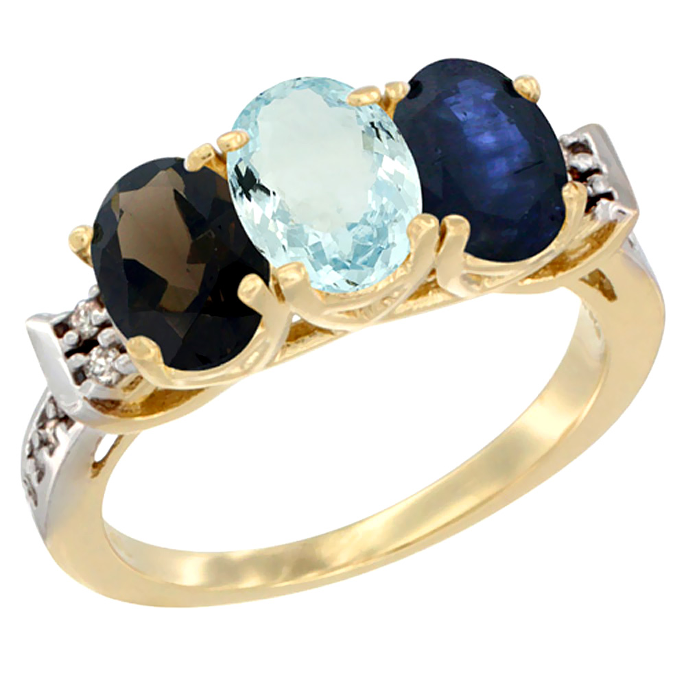 10K Yellow Gold Natural Smoky Topaz, Aquamarine & Blue Sapphire Ring 3-Stone Oval 7x5 mm Diamond Accent, sizes 5 - 10