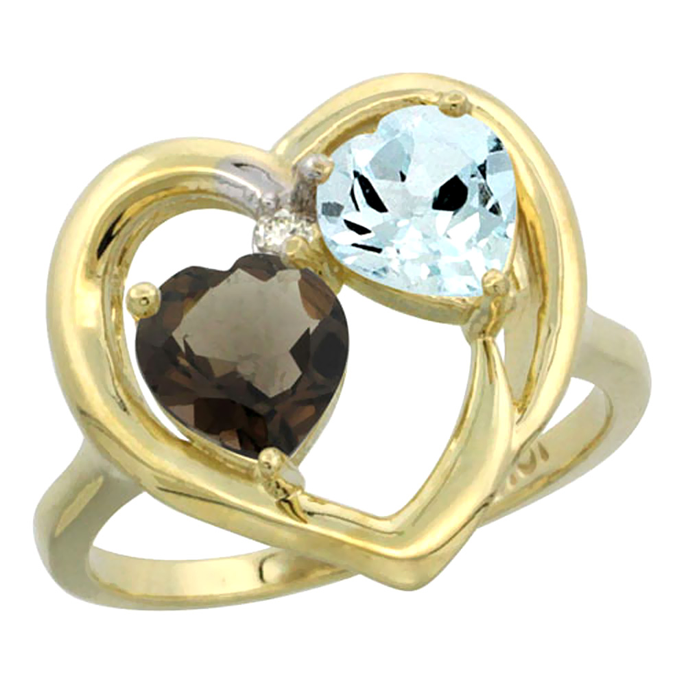 10K Yellow Gold Diamond Two-stone Heart Ring 6mm Natural Smoky Topaz &amp; Aquamarine, sizes 5-10