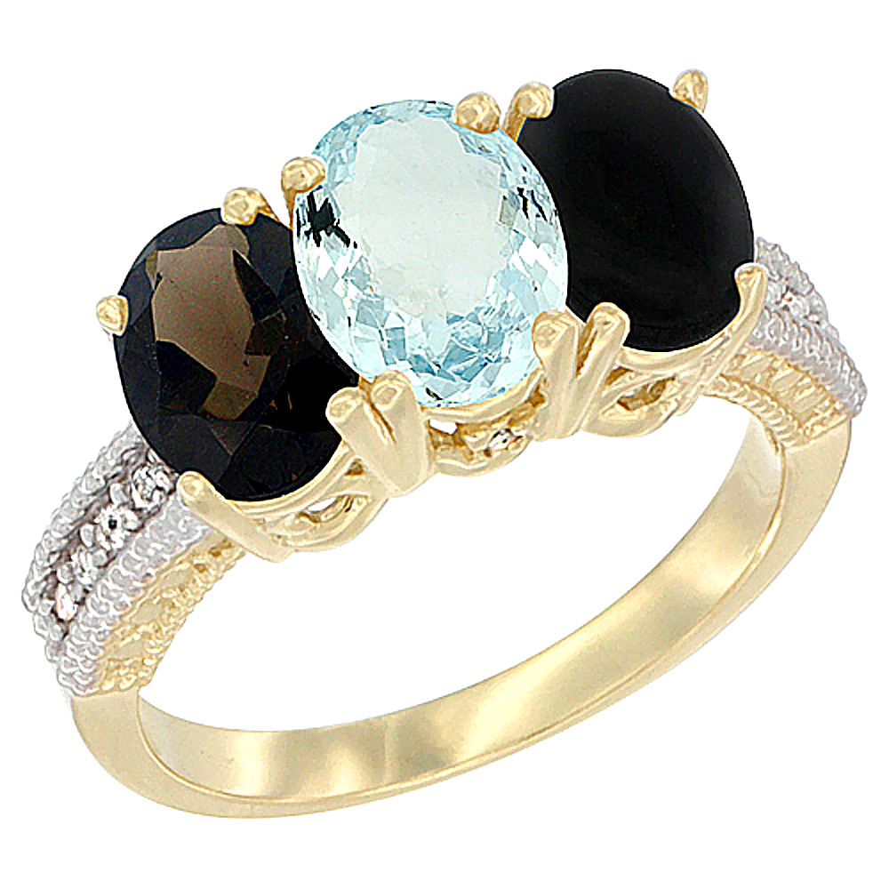 10K Yellow Gold Diamond Natural Smoky Topaz, Aquamarine & Black Onyx Ring 3-Stone 7x5 mm Oval, sizes 5 - 10