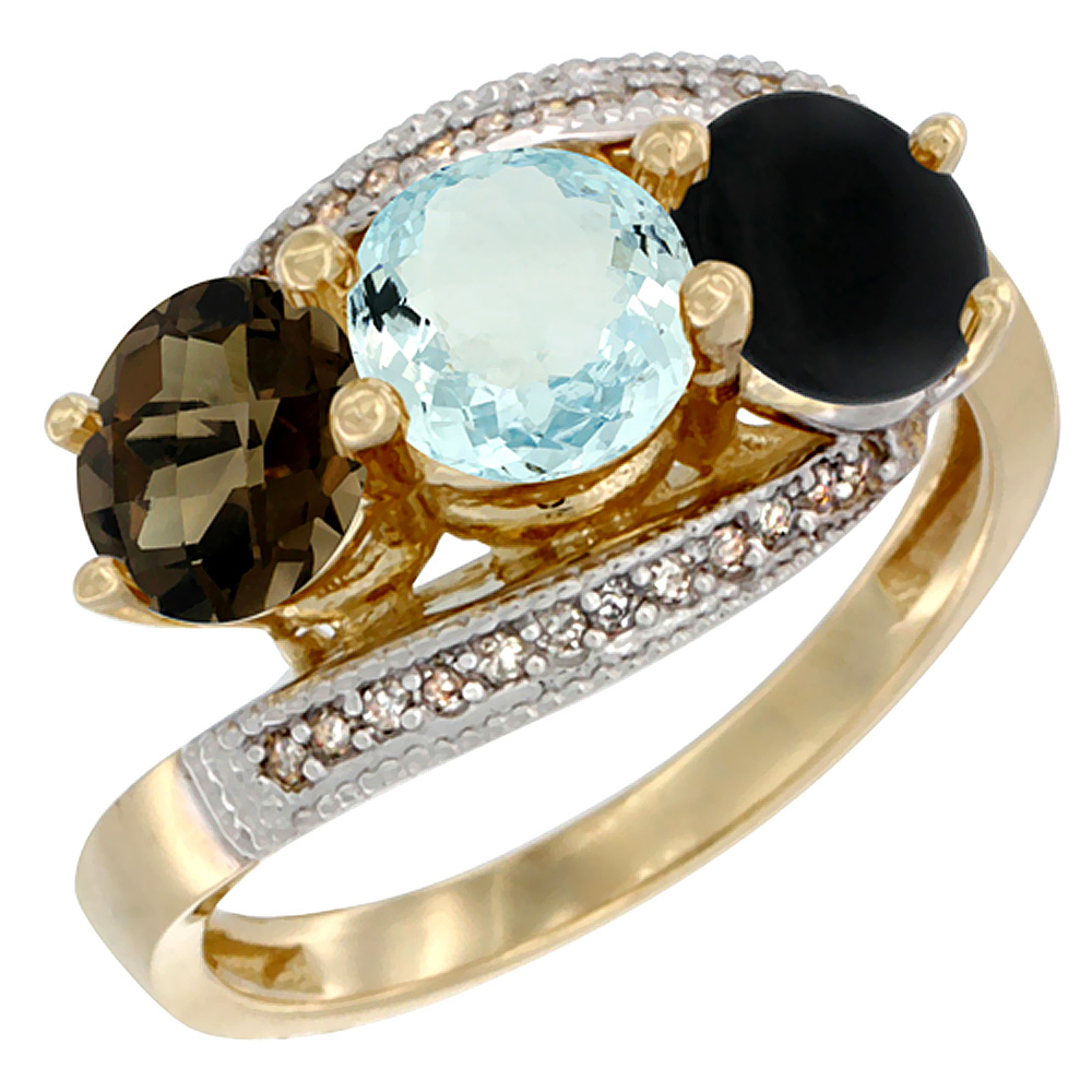 10K Yellow Gold Natural Smoky Topaz, Aquamarine & Black Onyx 3 stone Ring Round 6mm Diamond Accent, sizes 5 - 10