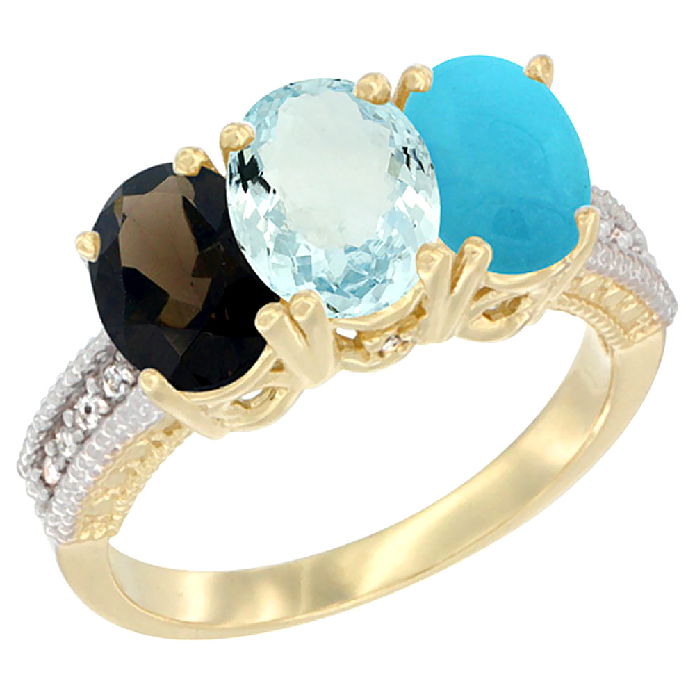 14K Yellow Gold Natural Smoky Topaz, Aquamarine &amp; Turquoise Ring 3-Stone 7x5 mm Oval Diamond Accent, sizes 5 - 10