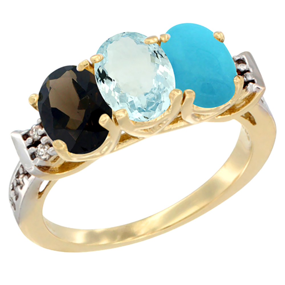 14K Yellow Gold Natural Smoky Topaz, Aquamarine &amp; Turquoise Ring 3-Stone Oval 7x5 mm Diamond Accent, sizes 5 - 10