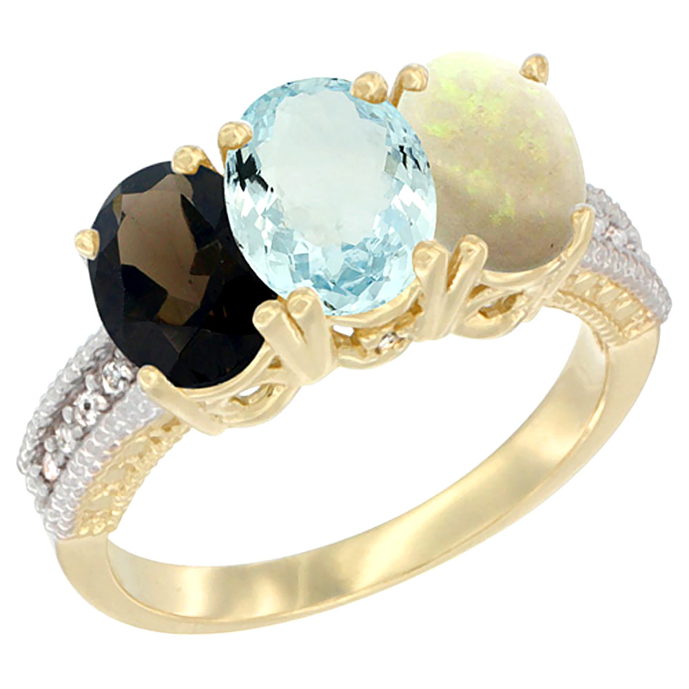 14K Yellow Gold Natural Smoky Topaz, Aquamarine & Opal Ring 3-Stone 7x5 mm Oval Diamond Accent, sizes 5 - 10