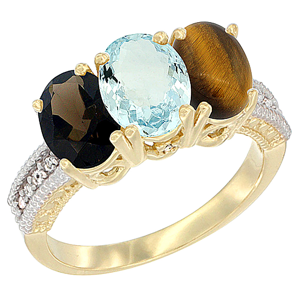 10K Yellow Gold Diamond Natural Smoky Topaz, Aquamarine &amp; Tiger Eye Ring 3-Stone 7x5 mm Oval, sizes 5 - 10