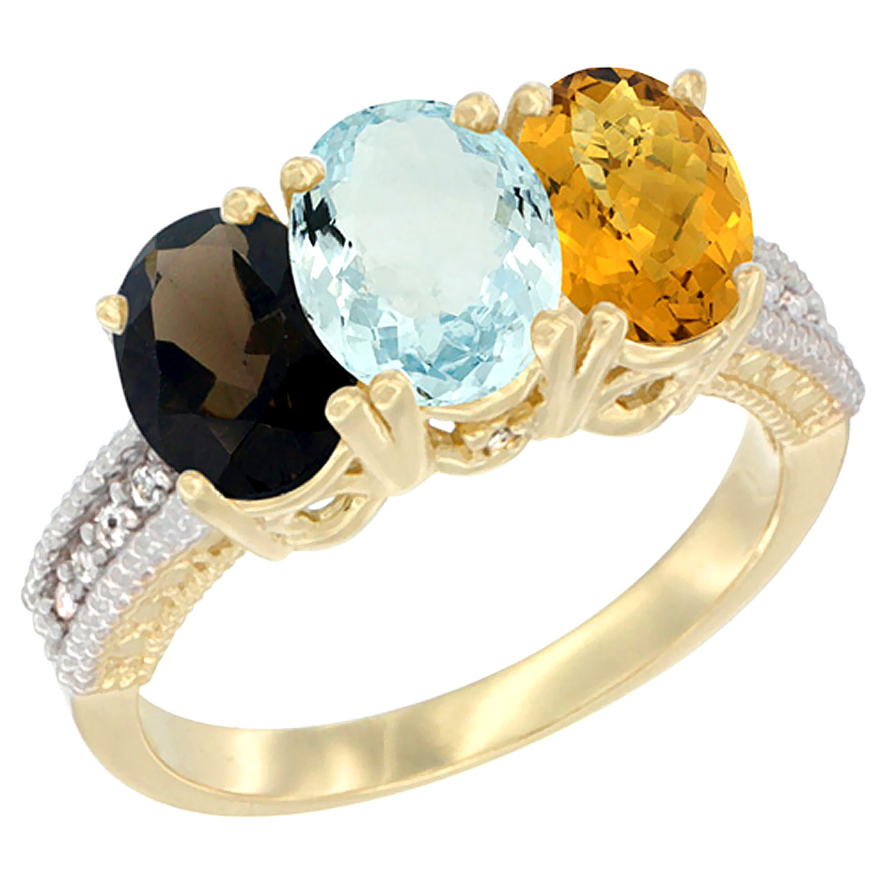 10K Yellow Gold Diamond Natural Smoky Topaz, Aquamarine &amp; Whisky Quartz Ring 3-Stone 7x5 mm Oval, sizes 5 - 10