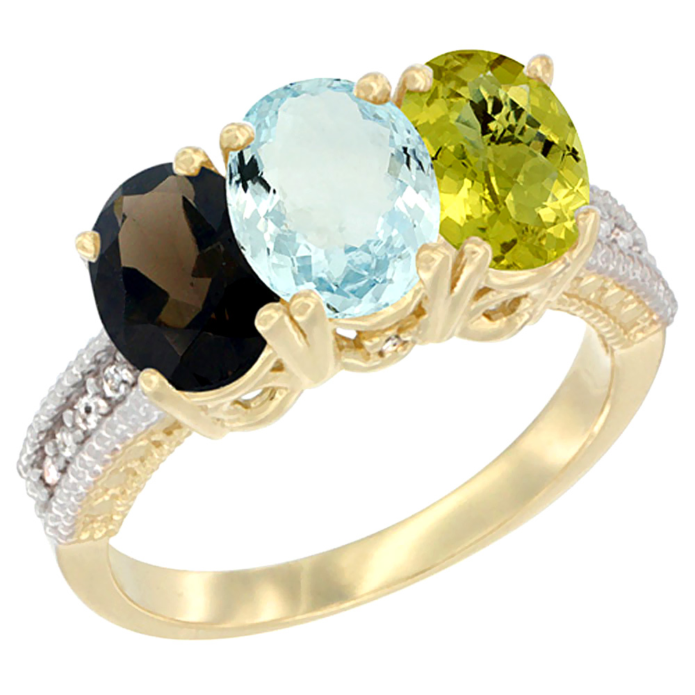 10K Yellow Gold Diamond Natural Smoky Topaz, Aquamarine & Lemon Quartz Ring 3-Stone 7x5 mm Oval, sizes 5 - 10