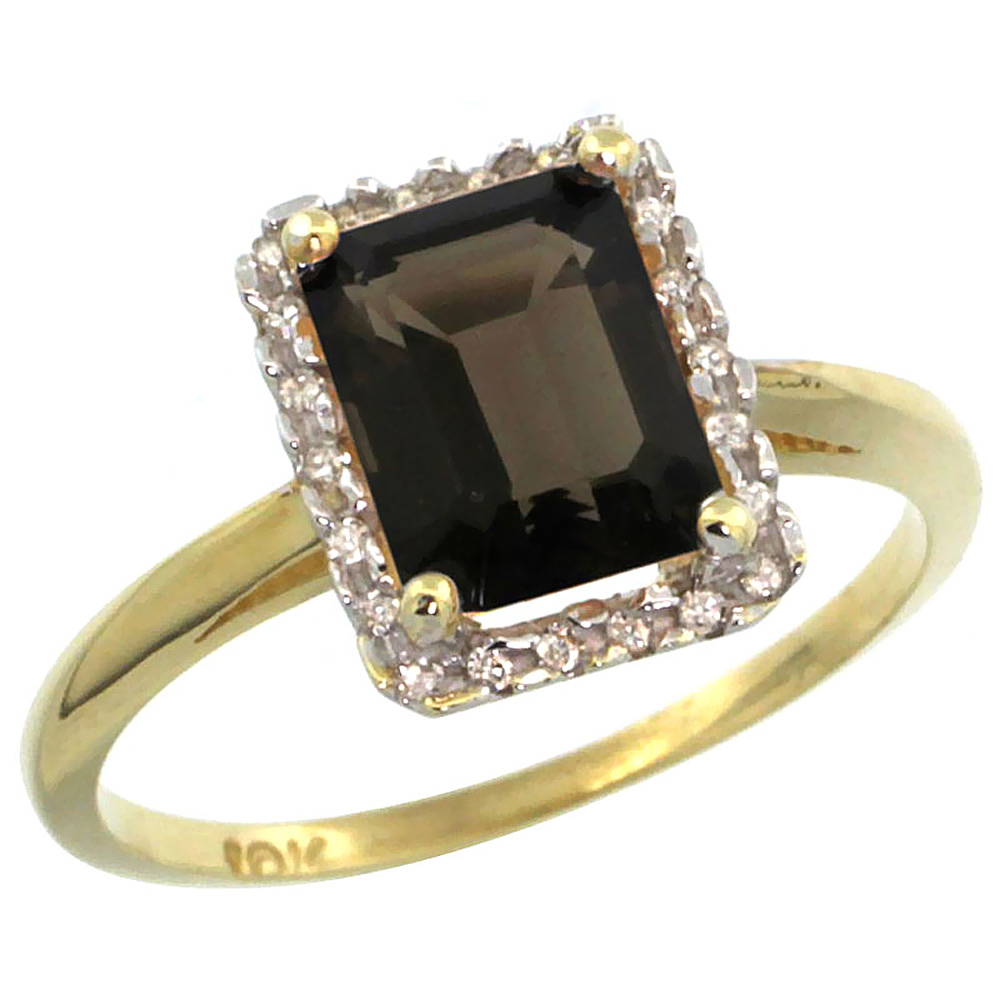 10K Yellow Gold Diamond Natural Smoky Topaz Ring Emerald-cut 8x6mm, sizes 5-10