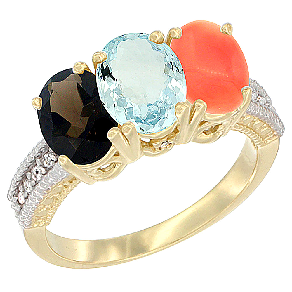 14K Yellow Gold Natural Smoky Topaz, Aquamarine & Coral Ring 3-Stone 7x5 mm Oval Diamond Accent, sizes 5 - 10