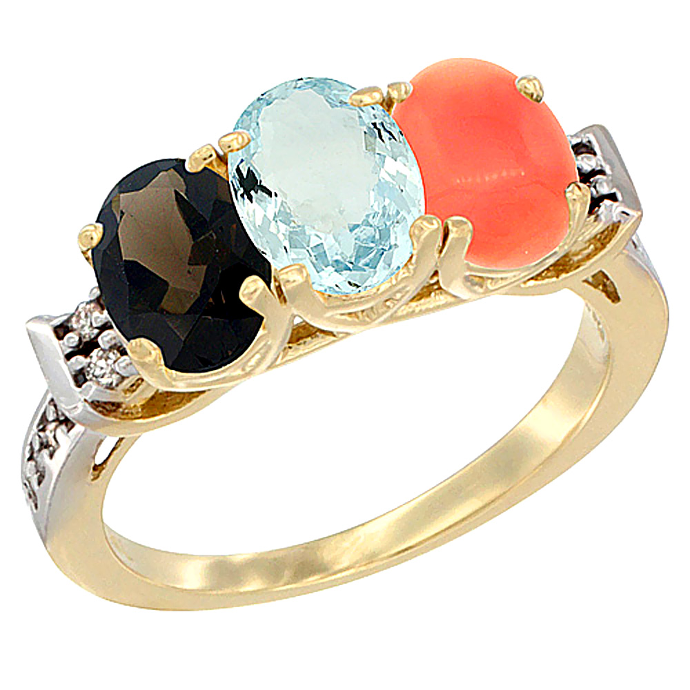 14K Yellow Gold Natural Smoky Topaz, Aquamarine &amp; Coral Ring 3-Stone Oval 7x5 mm Diamond Accent, sizes 5 - 10