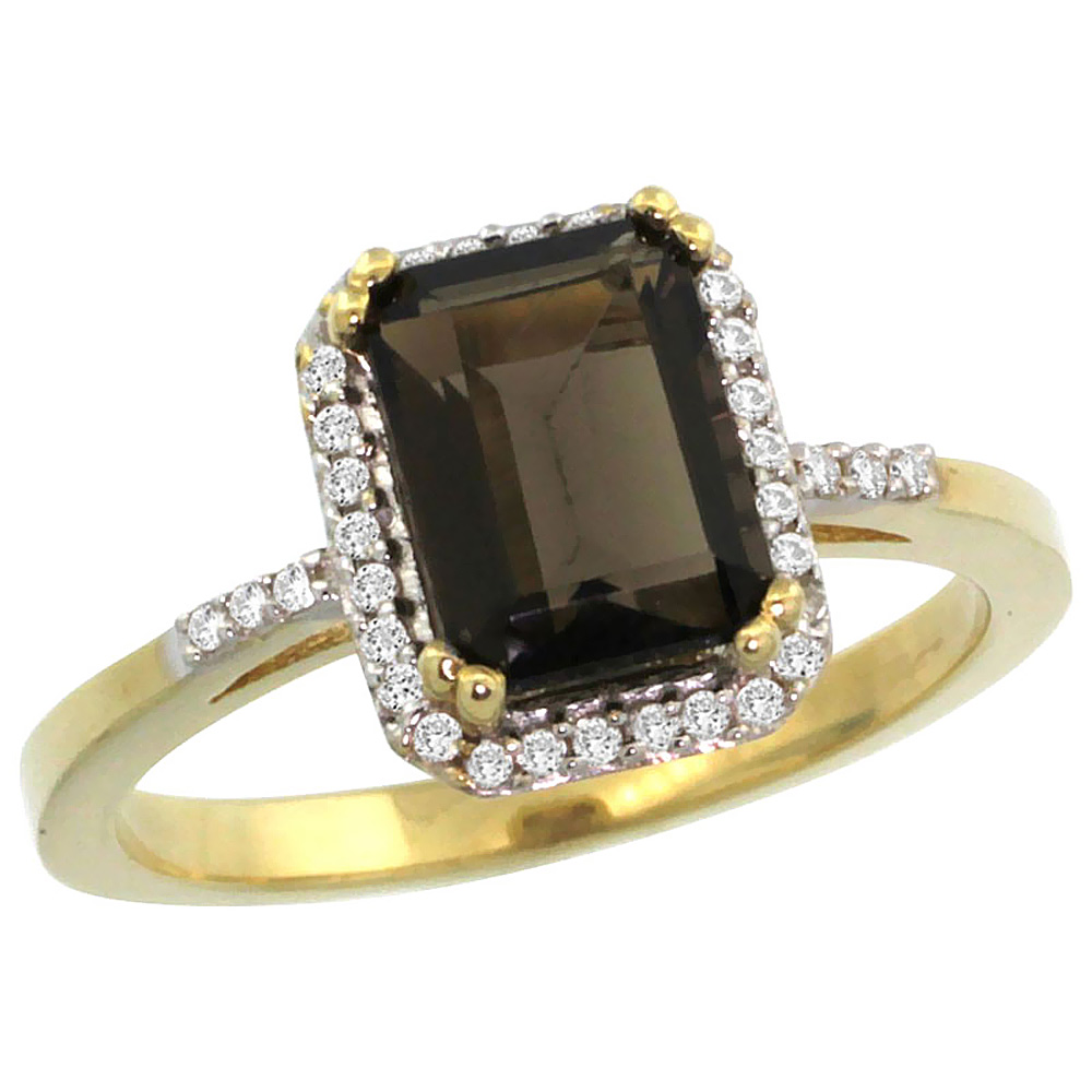 14K Yellow Gold Diamond Natural Smoky Topaz Ring Emerald-cut 8x6mm, sizes 5-10