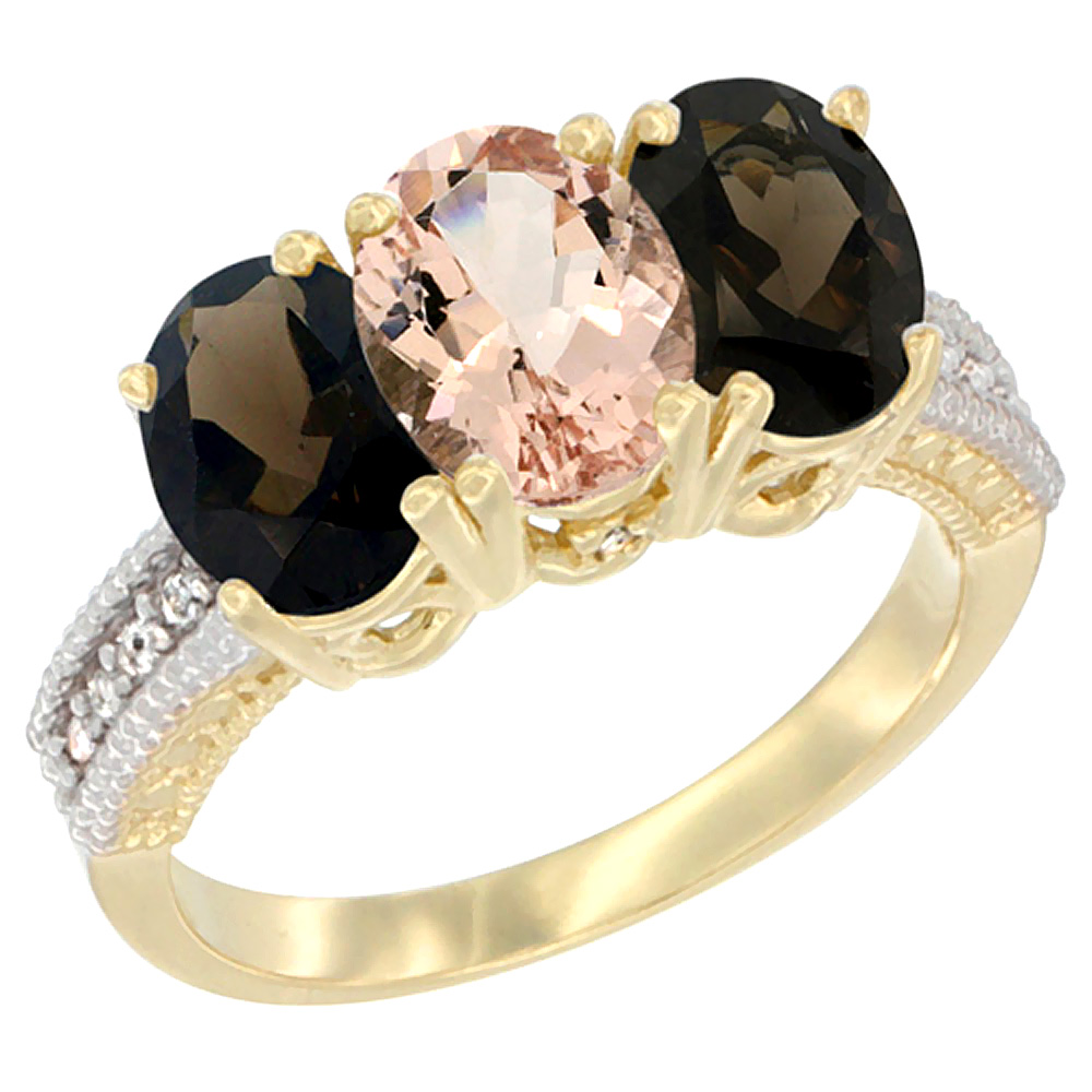 14K Yellow Gold Natural Morganite &amp; Smoky Topaz Ring 3-Stone 7x5 mm Oval Diamond Accent, sizes 5 - 10