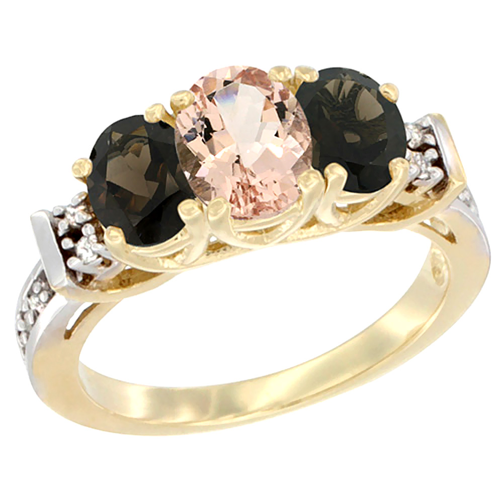 10K Yellow Gold Natural Morganite &amp; Smoky Topaz Ring 3-Stone Oval Diamond Accent