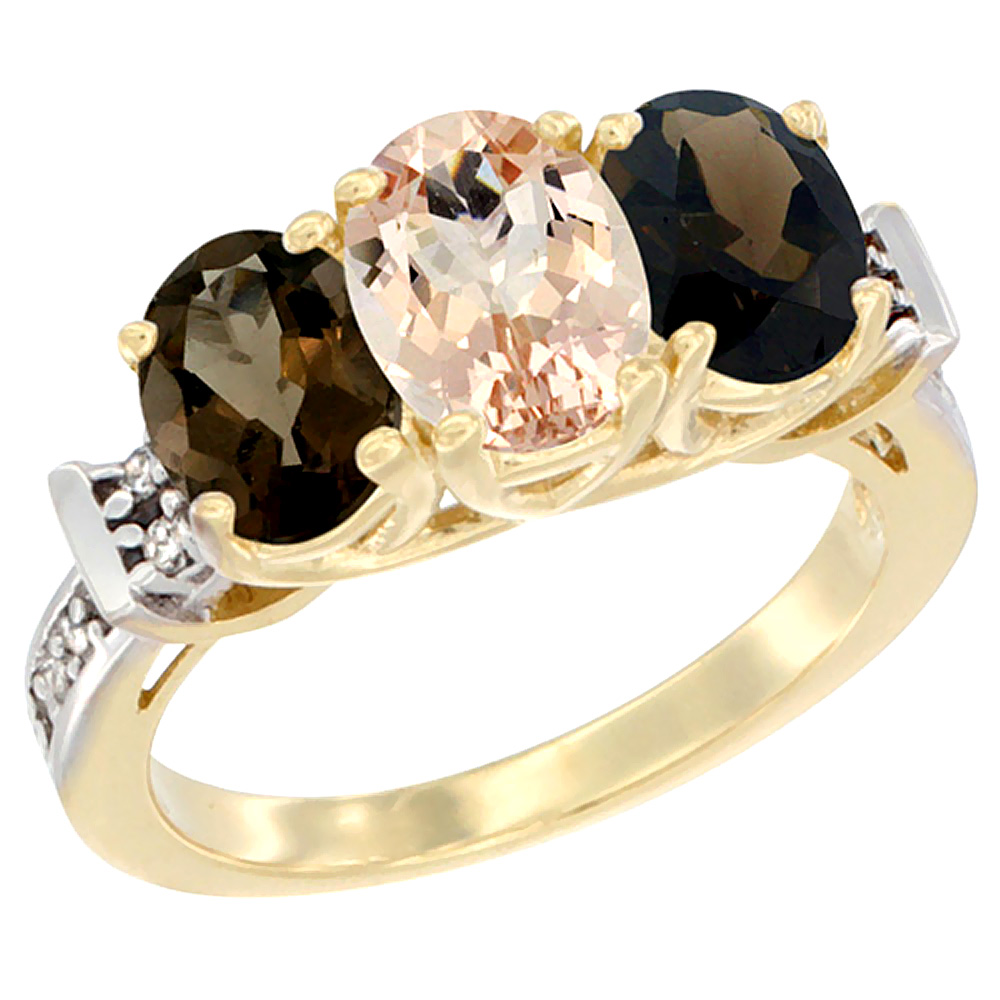 10K Yellow Gold Natural Morganite &amp; Smoky Topaz Sides Ring 3-Stone Oval Diamond Accent, sizes 5 - 10