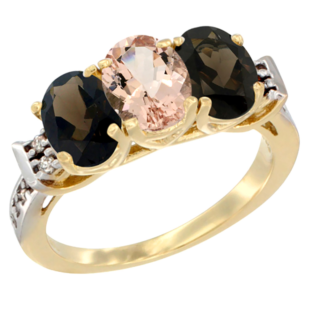 10K Yellow Gold Natural Morganite & Smoky Topaz Sides Ring 3-Stone Oval 7x5 mm Diamond Accent, sizes 5 - 10