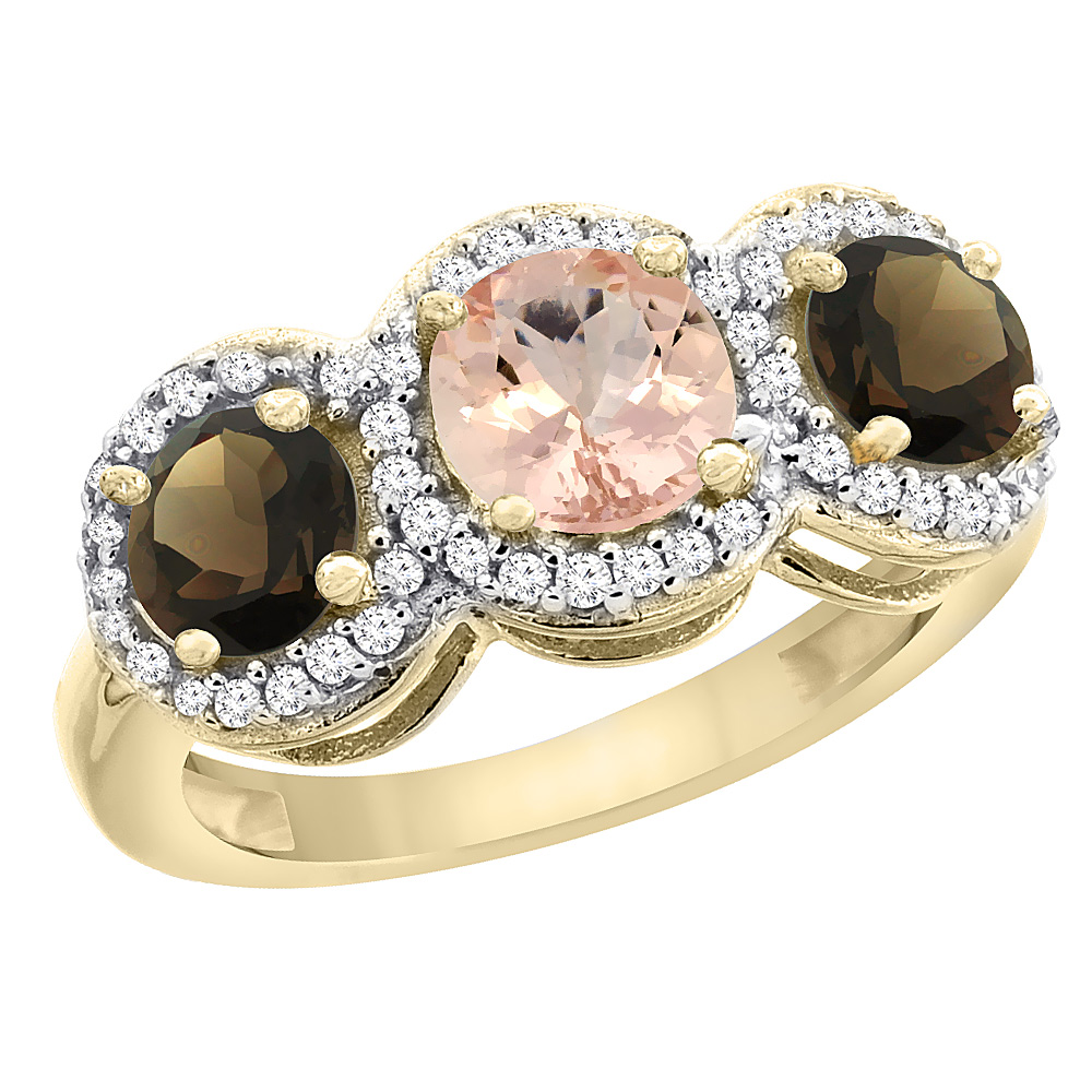 10K Yellow Gold Natural Morganite &amp; Smoky Topaz Sides Round 3-stone Ring Diamond Accents, sizes 5 - 10