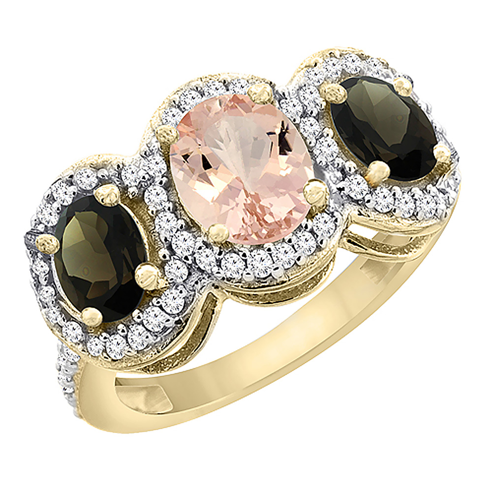 10K Yellow Gold Natural Morganite & Smoky Topaz 3-Stone Ring Oval Diamond Accent, sizes 5 - 10